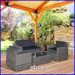 Outside Rattan Wicker Chair Loveseat Set for Patio with Glass Coffee Table, Grey
