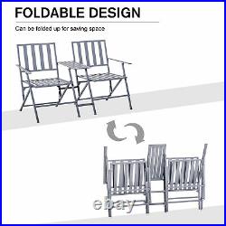 Outsunny Folding Steel Double Seat Garden Loveseat Bench Patio Chair Table Grey