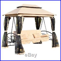 Outsunny Outdoor 3 Person Patio Daybed Canopy Gazebo Swing Tan & Mesh Walls