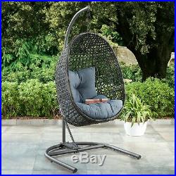 PATIO WICKER HANGING CHAIR Stand Porch Swing Outdoor Furniture Blue Cushion