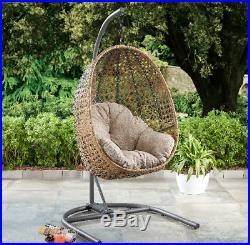 PATIO WICKER HANGING CHAIR Swing Stand Porch Outdoor Furniture Cushion Beige