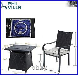 PHI VILLA Outdoor 28 Gas Fire Pit Table with Cushioned Rattan Chairs Fire Glass