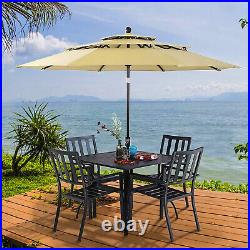 PHI VILLA Outdoor Dining Table with Umbrella Hole Metal Patio Table Square Black