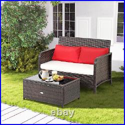 Patio 2PCS Rattan Wicker Love-seat Coffee Table Set Cushioned Bench Garden Deck