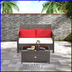 Patio 2PCS Rattan Wicker Love-seat Coffee Table Set Cushioned Bench Garden Deck