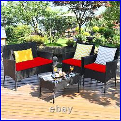 Patio 4PCS Rattan Furniture Set Cushioned Sofa Coffee Table Backyard Balcony Red