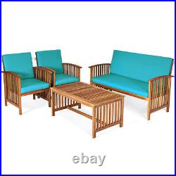 Patio 4PCS Solid Wood Furniture Set Cushioned Conversation Chair Table Turquoise