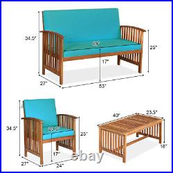 Patio 4PCS Solid Wood Furniture Set Cushioned Conversation Chair Table Turquoise