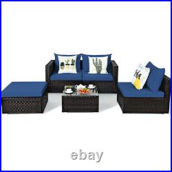 Patio 5PCS Wicker Furniture Set Sectional Conversation Sofa With Coffee Table Navy
