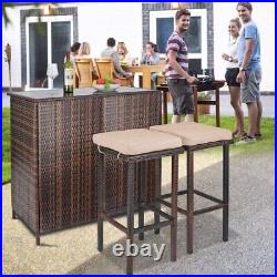 Patio Bar Set Outdoor Rattan Stools with Beige Cushions 3pc Patio Furniture
