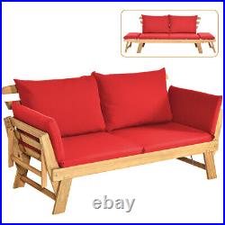 Patio Convertible Sofa Daybed Solid Wood Adjustable Furniture Thick Cushion Red