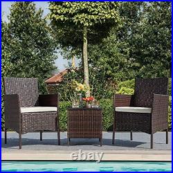 Patio Dining PE Rattan Wicker Chair Furniture Set 3 Pieces Brown and Beige