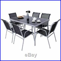 Patio Furniture 7 Piece Steel Table Chairs Dining Set Outdoor Glass Table Top