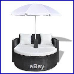 Patio Outdoor Black Furniture Rattan & Wicker Lounge Set Sunbed Sofa with Parasol