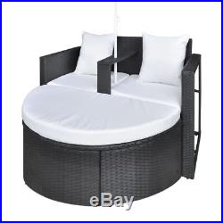 Patio Outdoor Black Furniture Rattan & Wicker Lounge Set Sunbed Sofa with Parasol