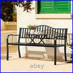 Patio Park Garden Bench Outdoor Metal Bench with Pullout Adjustble Middle Table