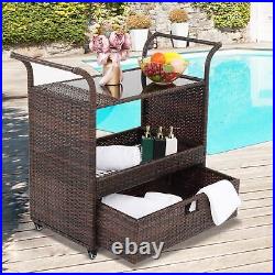 Patio Rattan Bar Serving Cart with Storage Drawer / Wheels Wiker Table