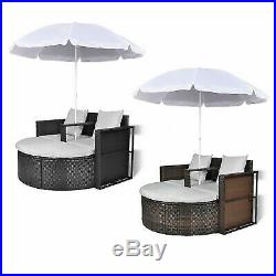 Patio Rattan Daybed 2-in-1 Round Sofa Lounge Furniture Set with Parasol Outdoor