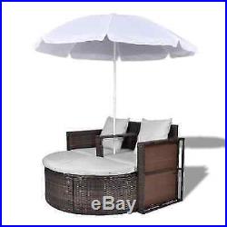 Patio Rattan Daybed 2-in-1 Round Sofa Lounge Furniture Set with Parasol Outdoor