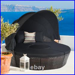 Patio Rattan Daybed Cushioned Sofa Multi-Functional Adjustable Table Top Black