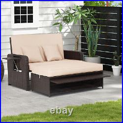 Patio Rattan Daybed Lounge Retractable Top Canopy Side Tables Cushions