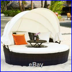 Patio Rattan Daybed Wicker Outdoor Sofa Bed Furniture Set with Canopy Pillow Table