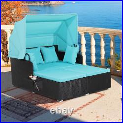 Patio Rattan Daybed with Retractable Canopy and Side Tables-Turquoise