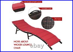 Patio Rattan Folding Lounge Chair 2PCS Double Sided Cushion Red