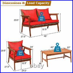 Patio Rattan Furniture Set Acacia Wood Frame Cushioned Sofa Chair 4PCS Red