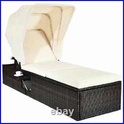 Patio Rattan Lounge Chair Chaise Cushioned Canopy Adjustable WithTea Table