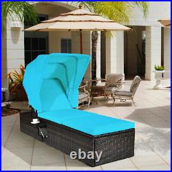 Patio Rattan Lounge Chair Chaise Cushioned Top Canopy Adjustable Turquoise