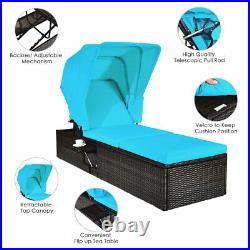 Patio Rattan Lounge Chair Chaise Cushioned Top Canopy Adjustable Turquoise