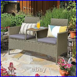 Patio Rattan Loveseat Outdoor 2-Person Conversation Set with Built-in Table