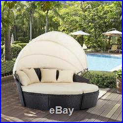 Patio Round Daybed Furniture Wicker Rattan Sofa Sunbed Retractable Canopy Garden