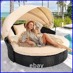 Patio Round Outdoor Daybed with Retractable Canopy Rattan Wicker Clamshell Seat
