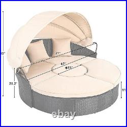Patio Round Outdoor Daybed with Retractable Canopy Rattan Wicker Clamshell Seat