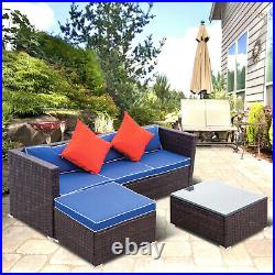 Patio Sectional Wicker Rattan Outdoor Furniture Sofa Foam Cushion Set of 3 Blue