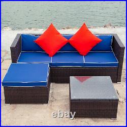 Patio Sectional Wicker Rattan Outdoor Furniture Sofa Foam Cushion Set of 3 Blue