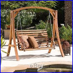 Patio Swing Teak Stain Wood Outdoor Furniture Swinging Loveseat Deck Relax Chair