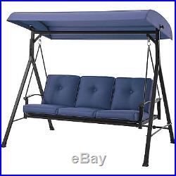 Patio Swing With Canopy 3 Person Blue Padded Seats Backyard Outdoor Furniture