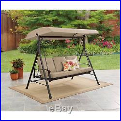 Patio Swing With Canopy 3 Person Tan Padded Seats Backyard Outdoor Furniture New