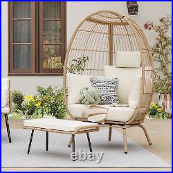 Patio Teardrop Wicker Egg Chair Outdoor Oversized Lounger with Ottoman & Cushion