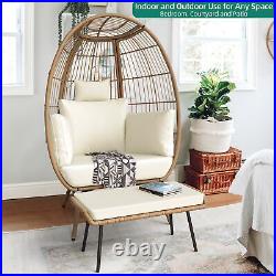 Patio Teardrop Wicker Egg Chair Outdoor Oversized Lounger with Ottoman & Cushion