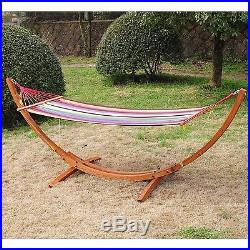 Patio Wood Arc Stand Hammock Swing With Stripe Colorful Cotton Fabric Sling Bed