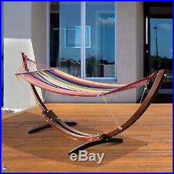 Patio Wood Arc Stand Hammock Swing With Stripe Colorful Cotton Fabric Sling Bed
