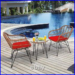 Patiojoy 3PCS Patio Rattan Bistro Set Coffee Table Armchair with Red Cushion