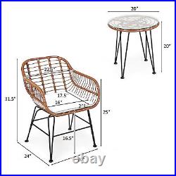 Patiojoy 3PCS Patio Rattan Bistro Set Coffee Table Armchair with Red Cushion