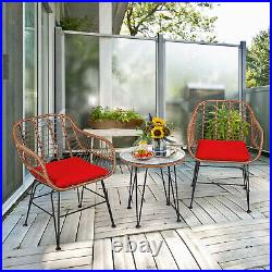 Patiojoy 3PCS Patio Rattan Bistro Set Coffee Table Armchair with Red Cushion