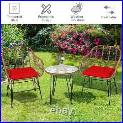 Patiojoy 3PCS Patio Rattan Bistro Set Coffee Table Armchair with Red Cushion