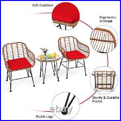 Patiojoy 3PCS Patio Rattan Bistro Set Coffee Table Armchair with Red Cushion